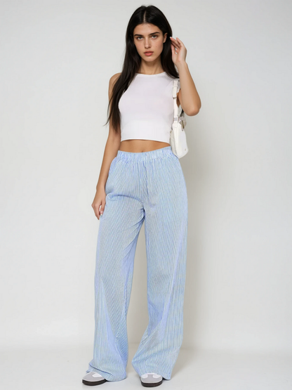 Pantaloni largi cu talie înaltă elastici, cu dungi