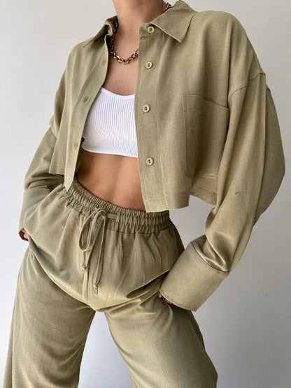 Set de pantaloni din două piese cu guler și șnur, casual