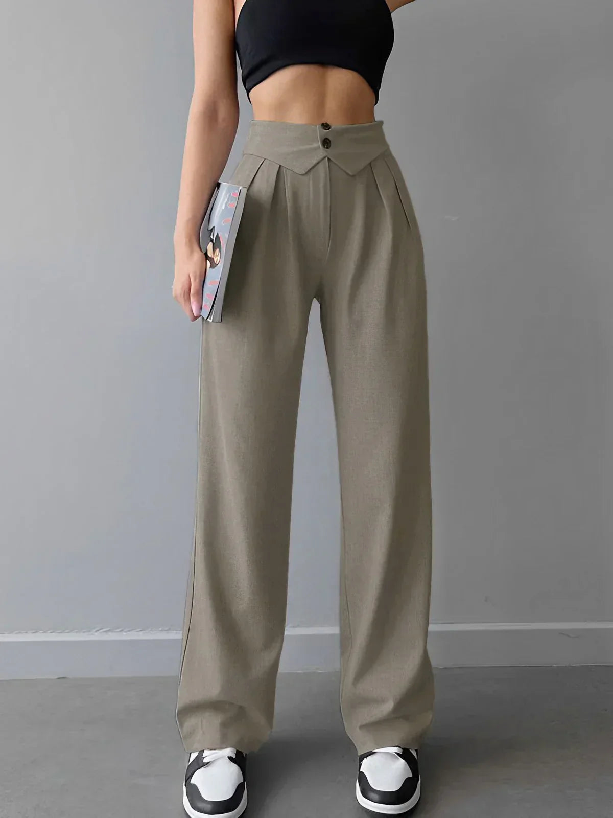Pantaloni de birou cu talie înfășurată și picior drept