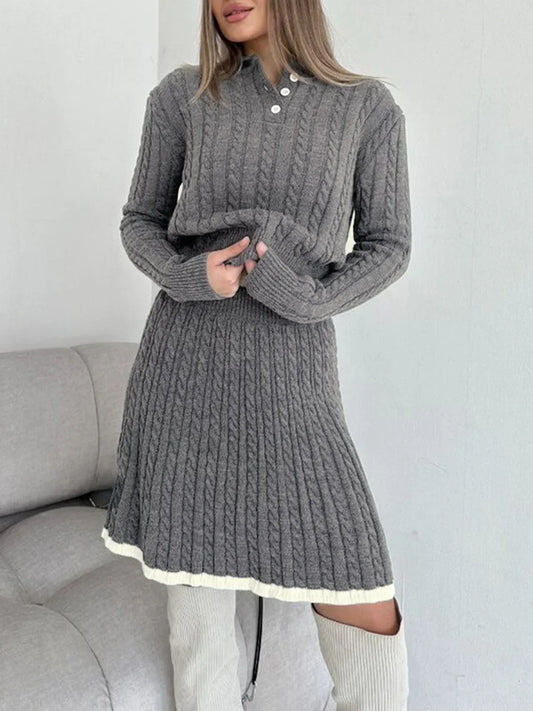 Set fustă cu rever și tricot cu model de cablu