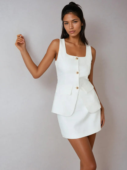 Set fustă fără mâneci cu guler pătrat elegant