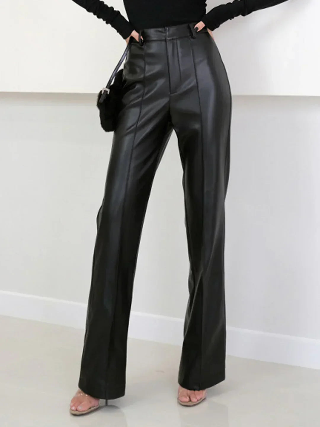 Pantaloni Eleganți din Piele Ecologică cu Talie Înaltă