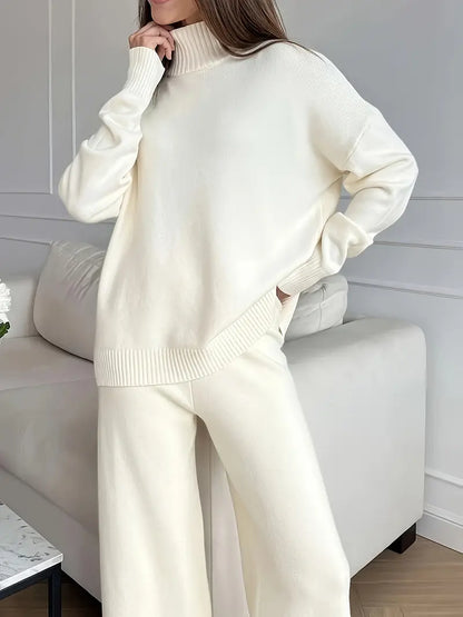 Set de tricot cu guler înalt de culoare solidă