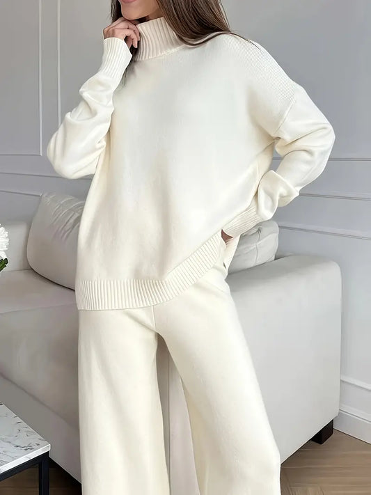 Set de tricot cu guler înalt de culoare solidă
